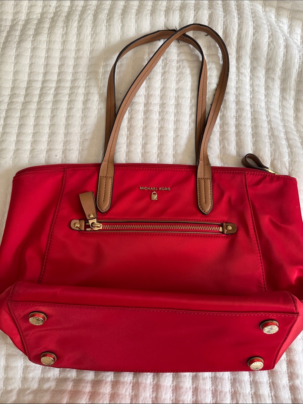 Michael Kors Red Tote with Tan Shoulder Straps